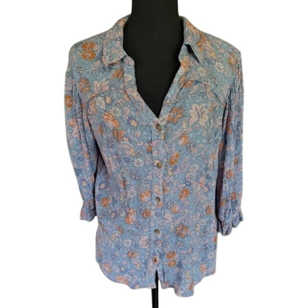 Democracy Women’s Large Floral Paisley Button Front Blouse 3/4 Sleeve - Picture 2 of 7